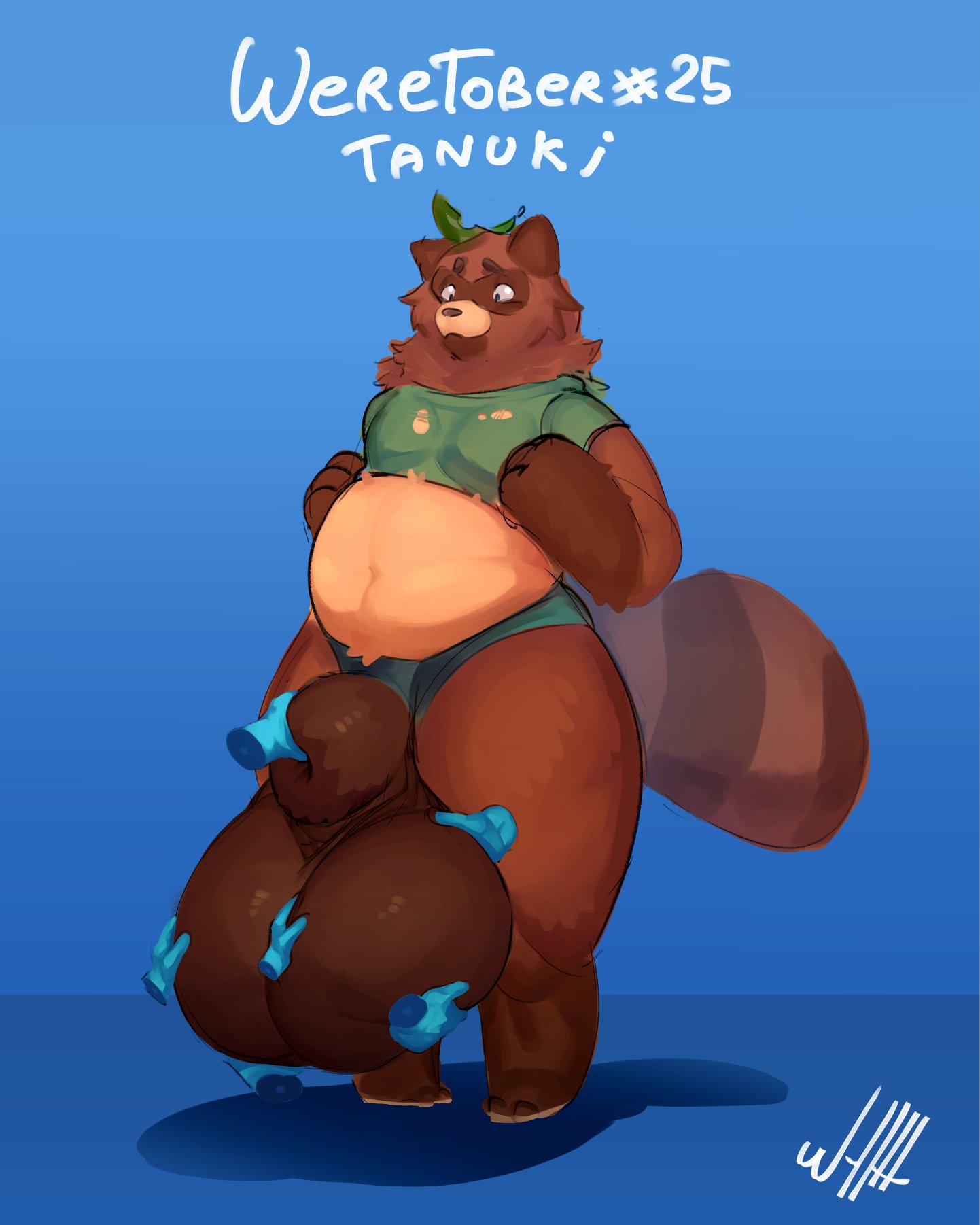 animal_genitalia anthro anthro_focus ball_fondling ball_worship balls belly big_balls big_sheath biped blue_background bottomwear brown_balls brown_body brown_ears brown_fur brown_inner_ear brown_nose brown_tail canid canine cheek_tuft clothed clothing countershade_fur countershade_torso countershading crop_top digital_media_(artwork) disembodied_hand english_text facial_markings facial_tuft fluffy fondling front_view full-length_portrait fully_sheathed fur genitals glistening glistening_balls glistening_body glistening_clothing glistening_fur gloves_(marking) green_bottomwear green_clothing green_shirt green_shorts green_topwear group head_markings hi_res hotpants huge_balls humanoid_hands hyper hyper_balls hyper_genitalia ineffective_clothing leaf leaf_on_head leg_markings male male_focus mammal markings mask_(marking) monotone_ears multicolored_body multicolored_fur muzzle_(marking) navel neck_tuft partially_clothed paws penis poking_out portrait raccoon_dog ring_(marking) ringtail sheath sheath_play shirt shorts simple_background skimpy slightly_chubby snout snout_markings socks_(marking) solo solo_focus standing tail_markings tan_body tan_countershading tan_fur tanuki text thick_sheath thick_thighs three-quarter_view topwear tuft two_tone_tail weretober weretober_2021 wyth