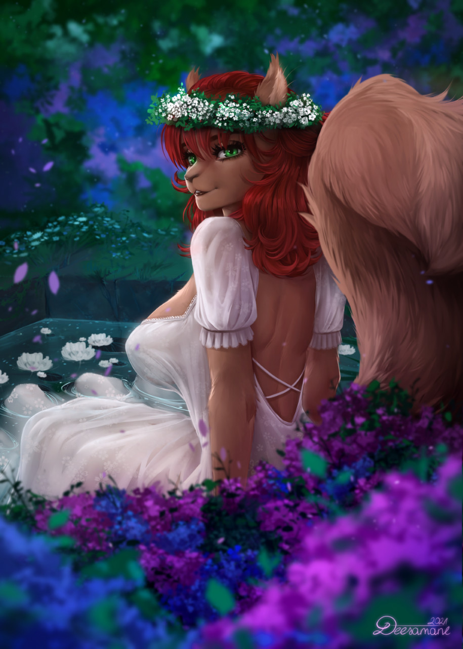 2021 anthro back_muscles backless_dress breasts brown_body brown_fur brown_hair clothed clothing deesamane dress female flower flower_crown fluffy fluffy_tail forest fur garden hair hi_res juniper_cloudy-tail looking_at_viewer looking_back looking_back_at_viewer mammal nature outside plant rear_view rodent sciurid signature sitting smile solo tree tree_squirrel water white_clothing white_dress