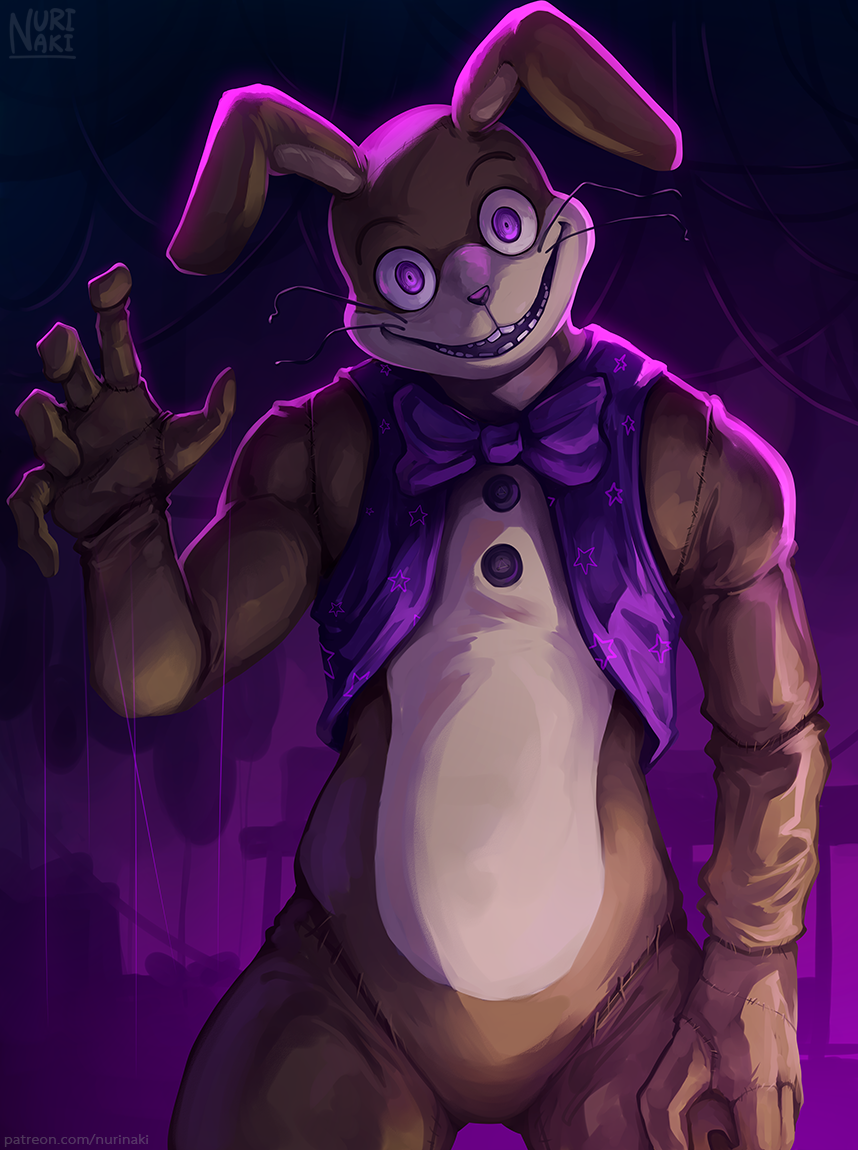 2021 anthro bow_tie brown_body brown_fur clothing five_nights_at_freddy's fur glitchtrap lagomorph leporid looking_at_viewer male mammal multicolored_body multicolored_fur nurinaki purple_eyes rabbit smile solo tan_body tan_fur topwear two_tone_body two_tone_fur vest video_games whiskers