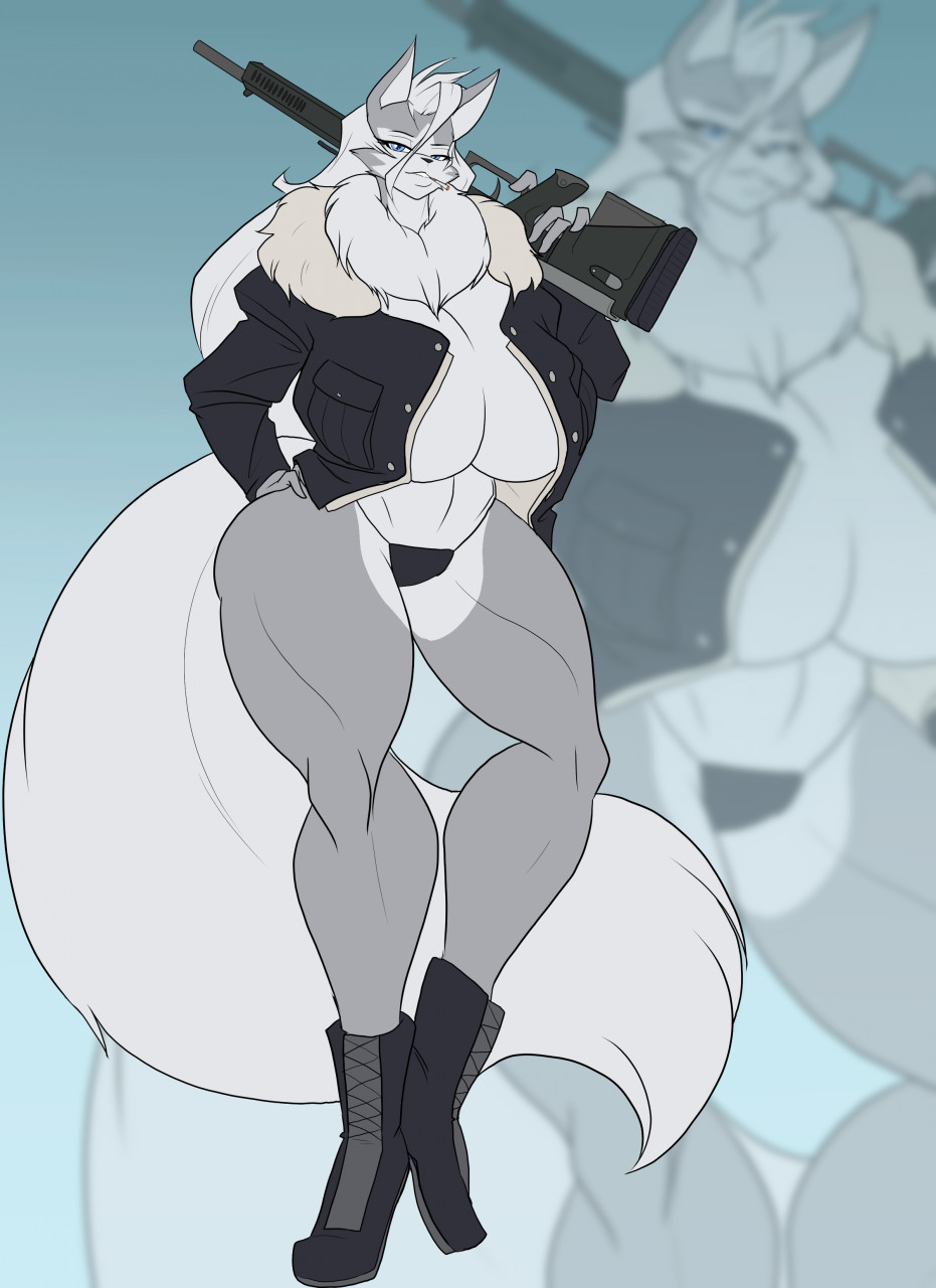 anthro big_breasts big_tail blue_eyes boots breasts canid canine canis cigarette cigarette_in_mouth cleavage clothed clothing female footwear fur fur_collar grey_body grey_fur gun hair hi_res holding_gun holding_object holding_weapon jacket long_hair looking_at_viewer mammal neck_tuft open_clothing open_jacket open_topwear ranged_weapon rifle simple_background smoke_(sexyblaziken) solo standing the_bombshells_(sexyblaziken) thong topwear toughset tuft underwear weapon white_hair wolf