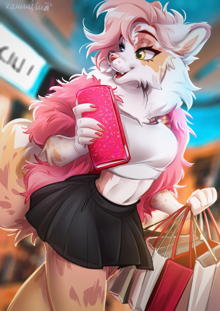 2021 5_fingers anthro bottomwear breasts canid canine canis clothed clothing digital_media_(artwork) domestic_dog eyebrows eyelashes female fingers hair heterochromia kammi-lu mammal miniskirt open_mouth pink_hair skirt smile solo teeth tongue yellow_eyes