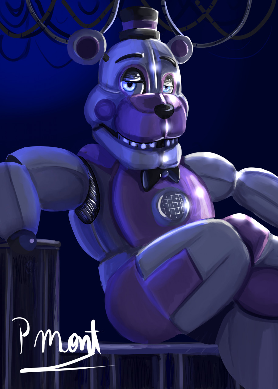 2021 animatronic anthro bedroom_eyes biped black_nose blue_eyes blush blush_stickers bow_tie clothing crossed_legs digital_media_(artwork) exposed_endoskeleton five_nights_at_freddy's funtime_freddy_(fnafsl) glistening glistening_body hat headgear headwear hi_res looking_at_viewer machine male mammal missing_hand missing_limb narrowed_eyes pinumontbalou pose robot seductive signature sister_location sitting solo teeth top_hat ursid video_games wire