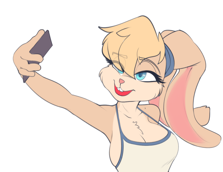 2021 anthro breasts cellphone conditional_dnp eyebrows eyelashes female fingers hair holding_object lagomorph leporid lola_bunny long_ears looney_tunes mammal phone pink_nose rabbit selfie side_boob simple_background solo sugarlesspaints warner_brothers white_background