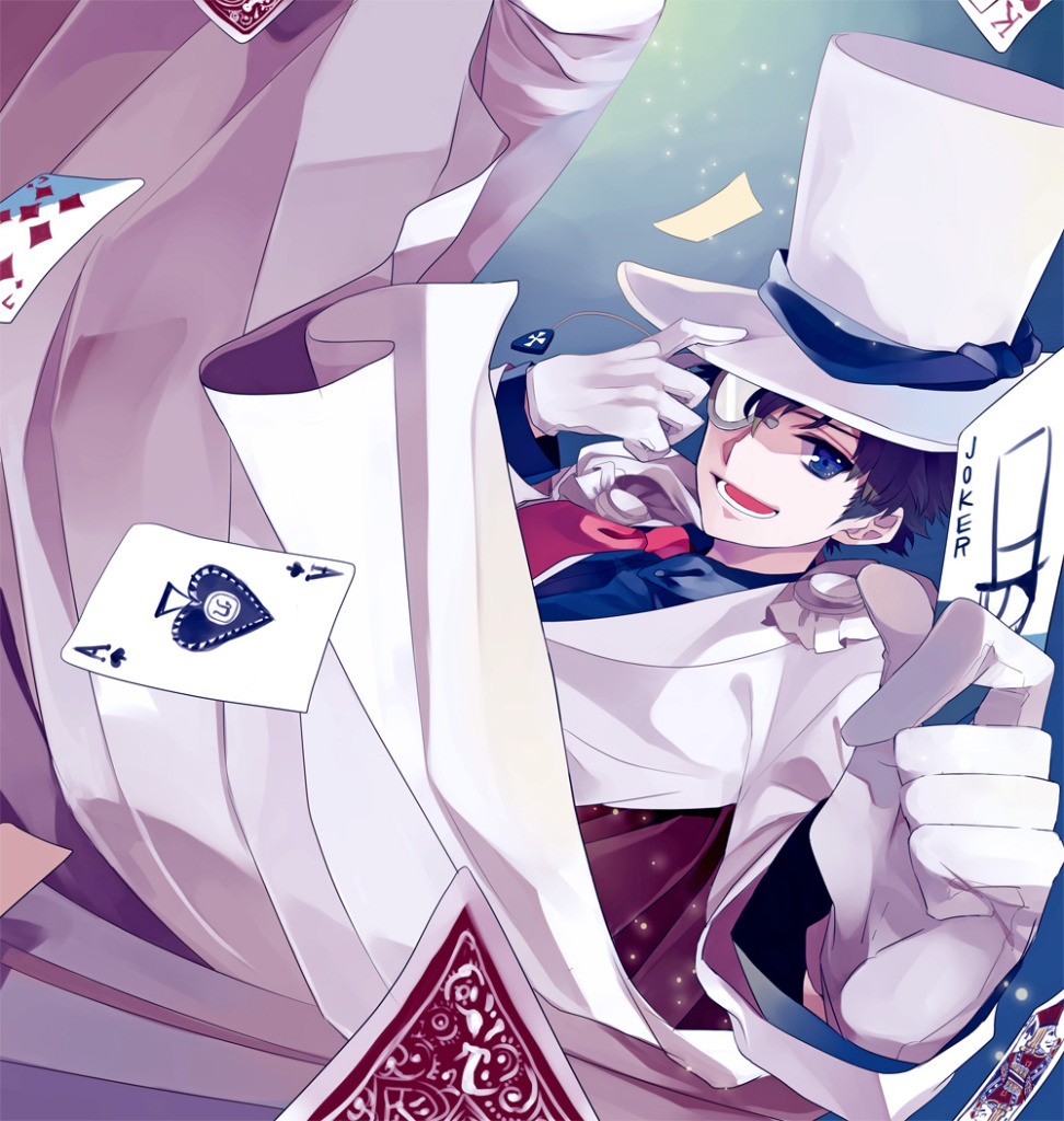 ace adjusting_clothes adjusting_hat amezawa_koma blue_eyes cape card falling falling_card formal gloves hat holding holding_card joker kaitou_kid male_focus meitantei_conan monocle playing_card smile solo suit top_hat