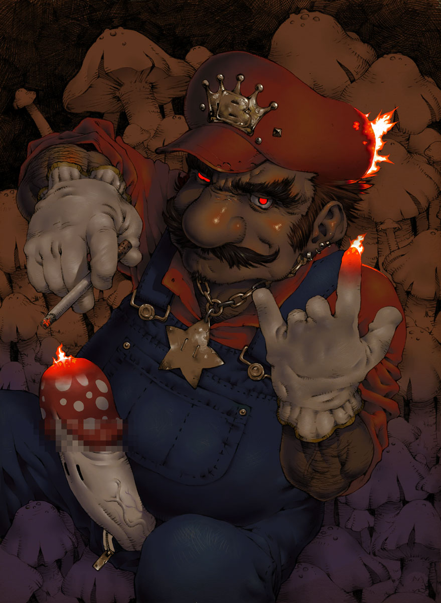 \m/ \n/ arm_hair arm_up bad_id bad_pixiv_id brown_hair burning censored chain chest_hair cigarette closed_mouth dark ear_piercing earrings facial_hair fat_mons fire flame fly_agaric frilled_gloves frills gloves glowing glowing_eyes goatee gold_chain hand_up hat highres holding holding_cigarette horror_(theme) huge_penis jewelry looking_at_viewer male_focus mario mario_(series) medallion mosaic_censoring multiple_piercings muscle mushroom mustache nose open_fly overalls penis piercing pocket pointless_censoring red_eyes red_hat single_letter sitting solo starman_(mario) super_mario_bros. super_mushroom tamo_imai thick_eyebrows ugly_man unzipped veins veiny_penis white_gloves zipper zipper_pull_tab |_|