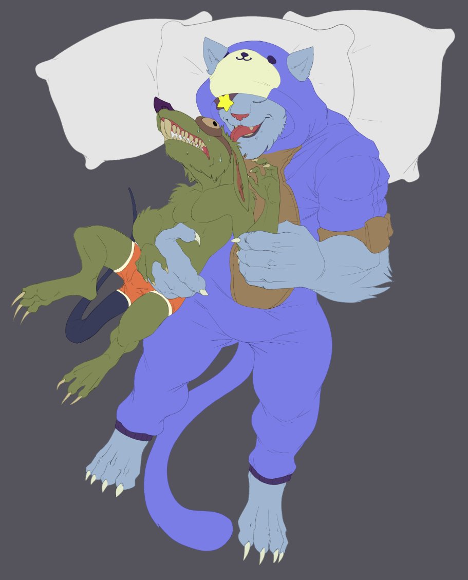 2019 3_toes 4_fingers 5_fingers anthro anthro_on_anthro arm_tuft barefoot bed belly bird's-eye_view black_tail bodily_fluids boxer_briefs bristol cheek_tuft chin_tuft claws clothed clothed_anthro clothed_male clothing colored colored_seam_underwear digital_drawing_(artwork) digital_media_(artwork) digitigrade duo ears_down elbow_tufts facial_tuft fangs feet felid fingers flat_colors front_view full-length_portrait fur furniture grey_arms grey_body grey_chest grey_ears grey_face grey_feet grey_fingers grey_fur grey_hands grey_legs grey_neck grey_toes head_lick high-angle_view humanoid_hands interspecies larger_anthro larger_male league_of_legends lion male male/male mammal monotone_arms monotone_belly monotone_body monotone_chest monotone_claws monotone_ears monotone_face monotone_feet monotone_fingers monotone_fur monotone_hands monotone_inner_ear monotone_legs monotone_neck monotone_nose monotone_tail monotone_toes monotone_tongue murid murine nervous on_bed orange_clothing orange_underwear pantherine pink_gums pink_inner_ear pink_nose pink_tongue pivoted_ears portrait purple_clothing purple_nose rat rengar_(lol) riot_games rodent size_difference smaller_anthro smaller_male sweat sweatdrop sweaty_face toes tongue tongue_out topless topless_anthro topless_male tuft twitch_(lol) two_tone_briefs underwear video_games wearing_goggles white_arms white_body white_claws white_ears white_feet white_fingers white_fur white_hands white_inner_ear white_seam_underwear white_toes