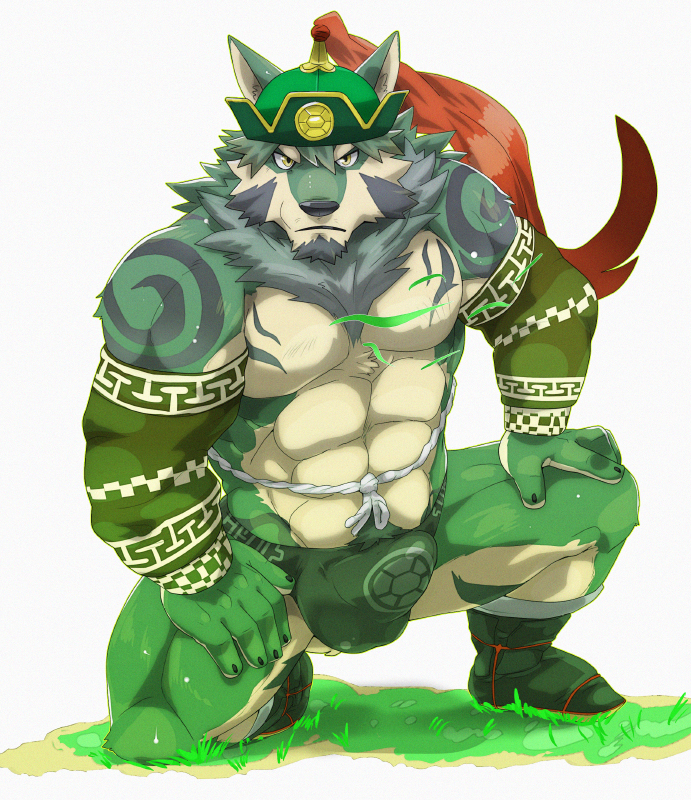 2016 5_fingers abs anthro arm_warmers armwear biceps biped black_nose boots bulge canid canine canis chest_tuft claws clothing colored debirobu detailed_bulge eyebrows fingers footwear fur grass green_body green_fur hair hat headgear headwear humanoid_hands kneeling lifewonders male mammal mongolian mongolian_clothing multicolored_body multicolored_fur muscular muscular_anthro muscular_male muscular_thighs pecs plant solo tan_body tan_fur tattoo temujin thick_eyebrows tokyo_afterschool_summoners tuft two_tone_body two_tone_fur video_games wolf wrestler wrestling_outfit
