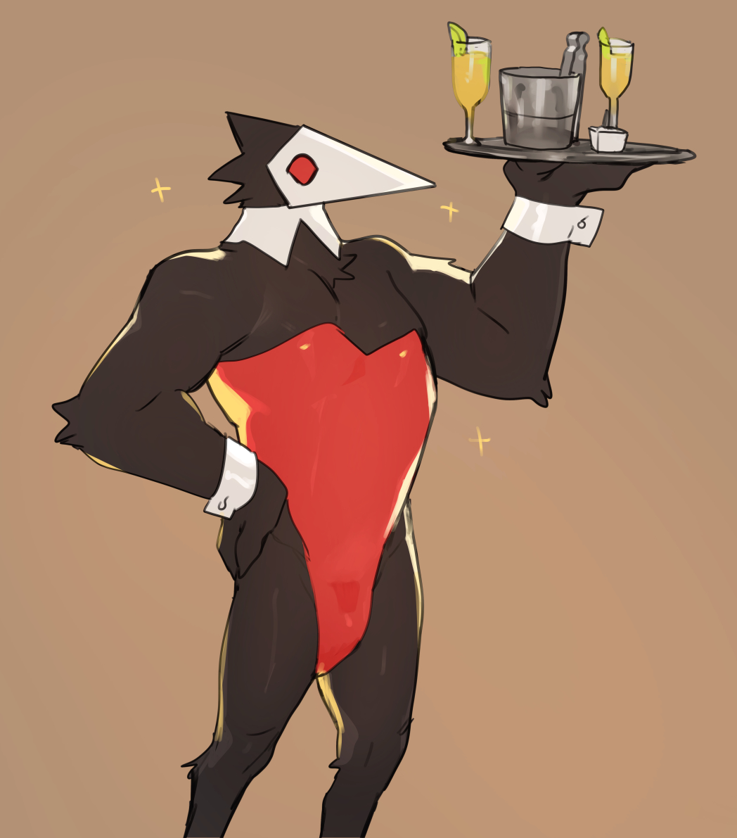 2021 anthro bebebebebe beverage black_body black_feathers clothing darkner deltarune feathers hand_on_hip leotard male red_eyes simple_background solo sparkles standing swatchling tan_background undertale_(series) video_games waiter white_face