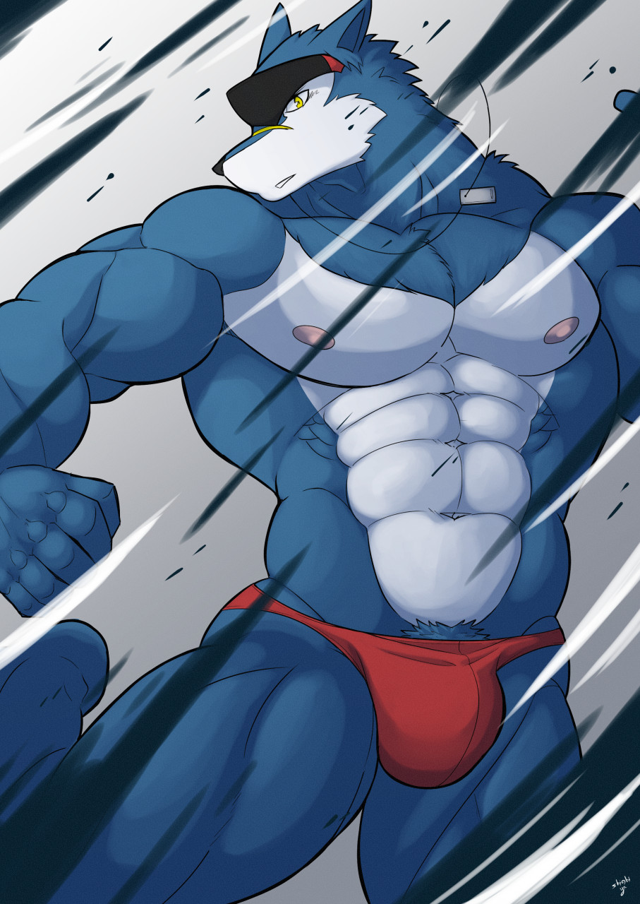 abs anthro bandai_namco blue_body blue_fur bulge clothing digimon digimon_(species) eyewear eyewear_on_head fur hi_res machgaogamon male muscular muscular_anthro muscular_male nipples pecs shinobiya solo sunglasses sunglasses_on_head thong underwear