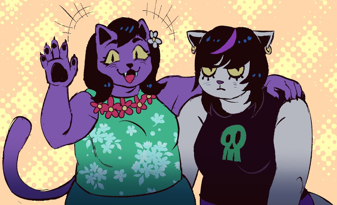 accessory anthro arm_around_shoulders big_breasts black_hair bone bottomwear breasts catti_(deltarune) catty_(undertale) claws clothed clothing clownplushie deltarune domestic_cat duo ear_piercing ear_ring fangs felid feline felis female floral_print flower flower_in_hair front_view frown fully_clothed fur gesture hair hair_accessory half-closed_eyes half-length_portrait happy highlights_(coloring) lei looking_at_viewer mammal narrowed_eyes open_mouth open_smile pawpads piercing plant portrait purple_body purple_fur purple_highlights shirt short_hair sibling simple_background sister sisters skull smile topwear undertale_(series) video_games waving whiskers white_body white_fur yellow_sclera