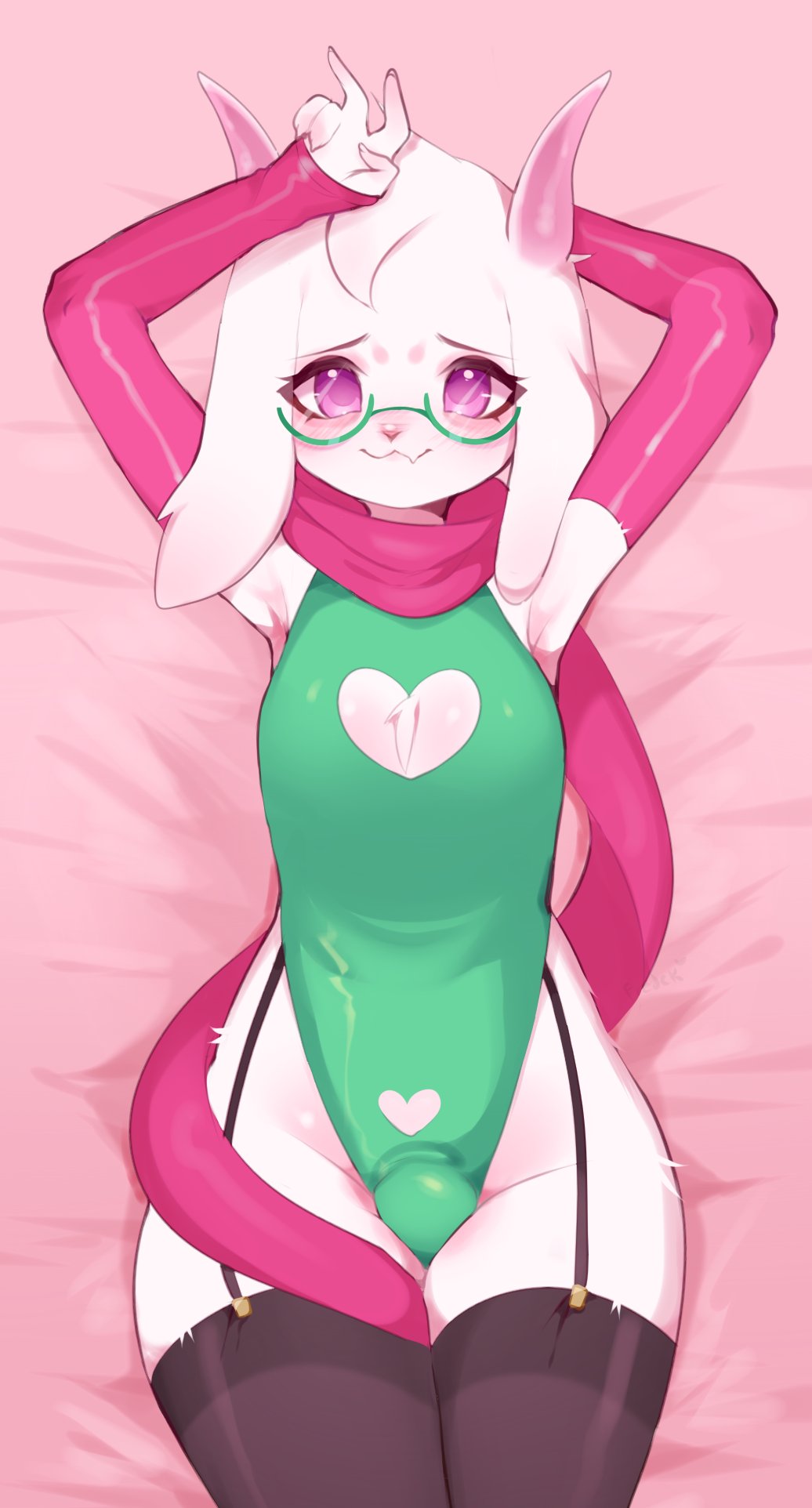 anthro armwear blush bovid bulge caprine clothed clothing dakimakura_design deltarune digital_media_(artwork) eyewear fredek666 fur girly goat hi_res legwear leotard looking_at_viewer lying male mammal on_back pink_eyes ralsei scarf shaded smile solo thick_thighs thigh_highs undertale_(series) video_games white_body white_fur wide_hips young