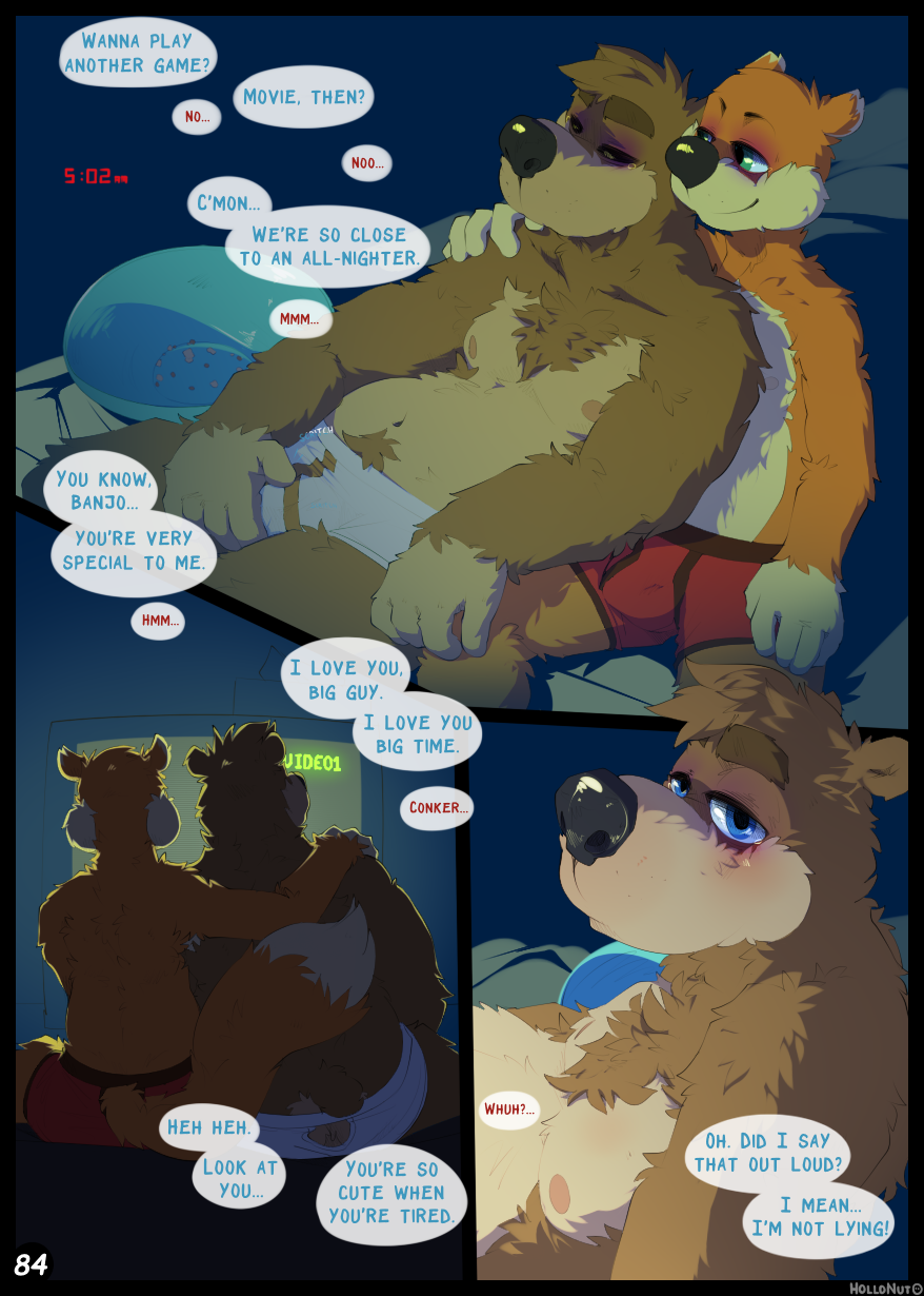 2021 anthro banjo-kazooie banjo_(banjo-kazooie) blue_text boxers_(clothing) brown_body brown_fur bulge clothed clothing color_coded color_coded_text comic conjoined_speech_bubble conker conker's_bad_fur_day dialogue digital_media_(artwork) duo english_text fur hi_res hollo_nut leaning_on_another male male/male mammal name_in_dialogue nipples number orange_body orange_fur page_number pubes rareware red_text rodent sciurid screen signature smile speech_bubble television text time tired tired_eyes topless tree_squirrel underwear ursid video_games white_body white_fur