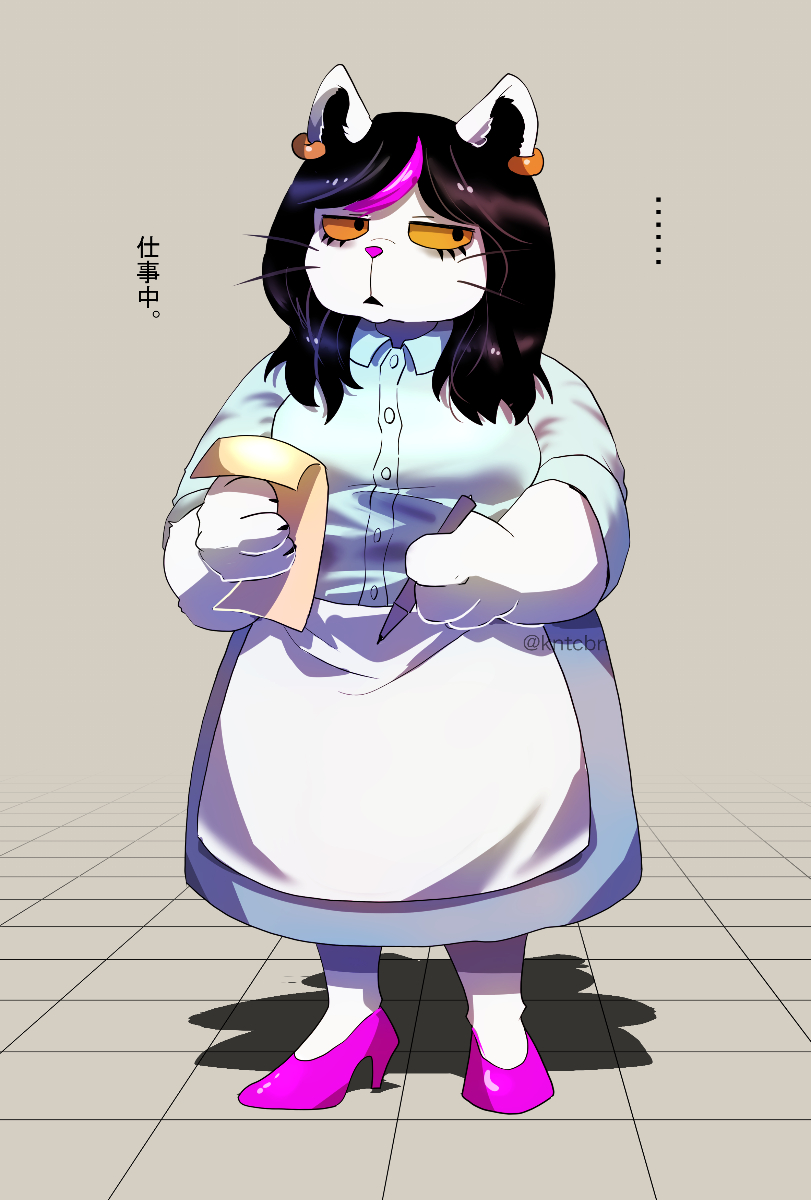 annoyed anthro black_hair black_inner_ear_fluff bodypaint breasts catti_(deltarune) claws clothed clothing deltarune dialogue domestic_cat dress ear_piercing ear_ring english_text face_paint felid feline felis female front_view frown fully_clothed fur hair half-closed_eyes hi_res high_heels highlights_(coloring) holding_object holding_paper holding_pen inner_ear_fluff japanese_text kntcbn looking_away mammal narrowed_eyes open_frown open_mouth paper pen piercing pink_highlights simple_background solo standing text translated tuft undertale_(series) video_games waiter watermark whiskers white_body white_fur yellow_sclera