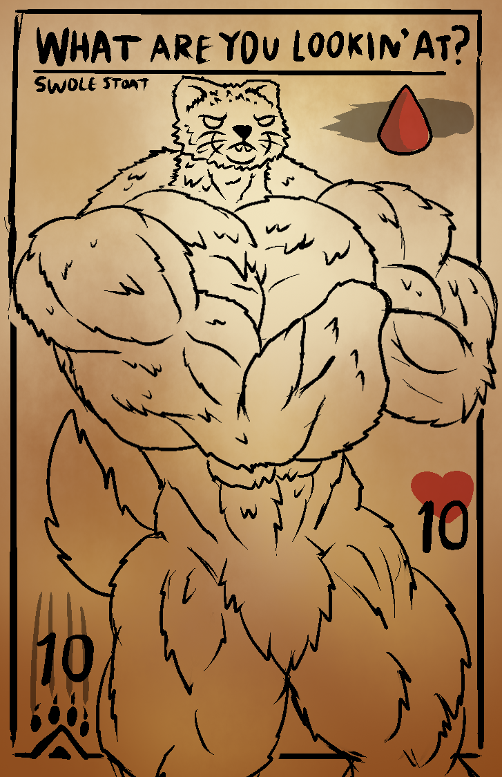 abs anthro anthrofied biceps big_muscles card english_text featureless_crotch flameydragwasp huge_muscles humor inscryption male mammal muscular muscular_anthro muscular_male mustela mustelid musteline pecs playing_card solo stats stoat stoat_(inscryption) text true_musteline