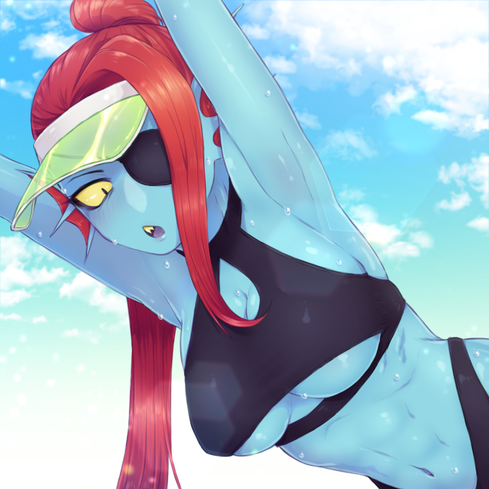 1:1 animal_humanoid bangs bikini bikini_bottom bikini_top blue_body blue_skin blush breasts chacapocox3 cleavage clothed clothing eye_patch eyewear female fish fish_humanoid hair hat headgear headwear humanoid looking_at_viewer marine marine_humanoid navel ponytail red_hair solo swimwear undertale_(series) undyne