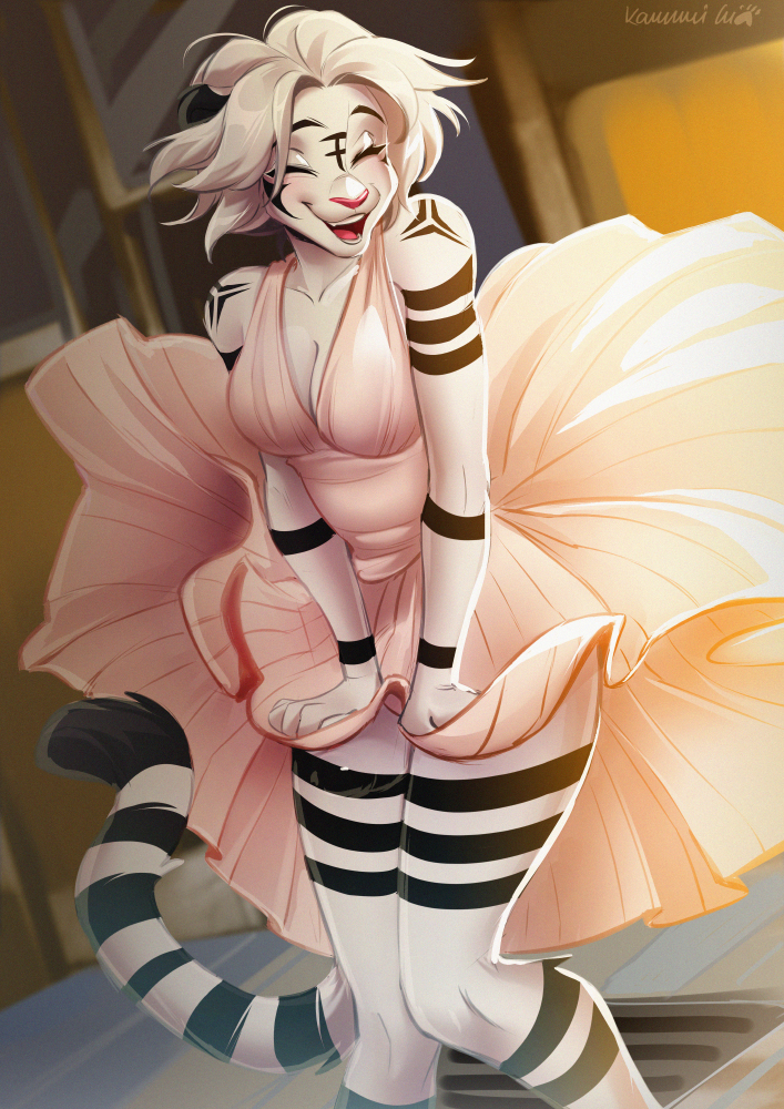 5_fingers anthro breasts clothed clothing clothing_lift digital_media_(artwork) domestic_cat dress dress_lift eyebrows eyelashes eyes_closed felid feline felis female fingers hair kammi-lu mammal open_mouth shaded smile solo standing teeth the_seven_year_itch tongue vent white_hair