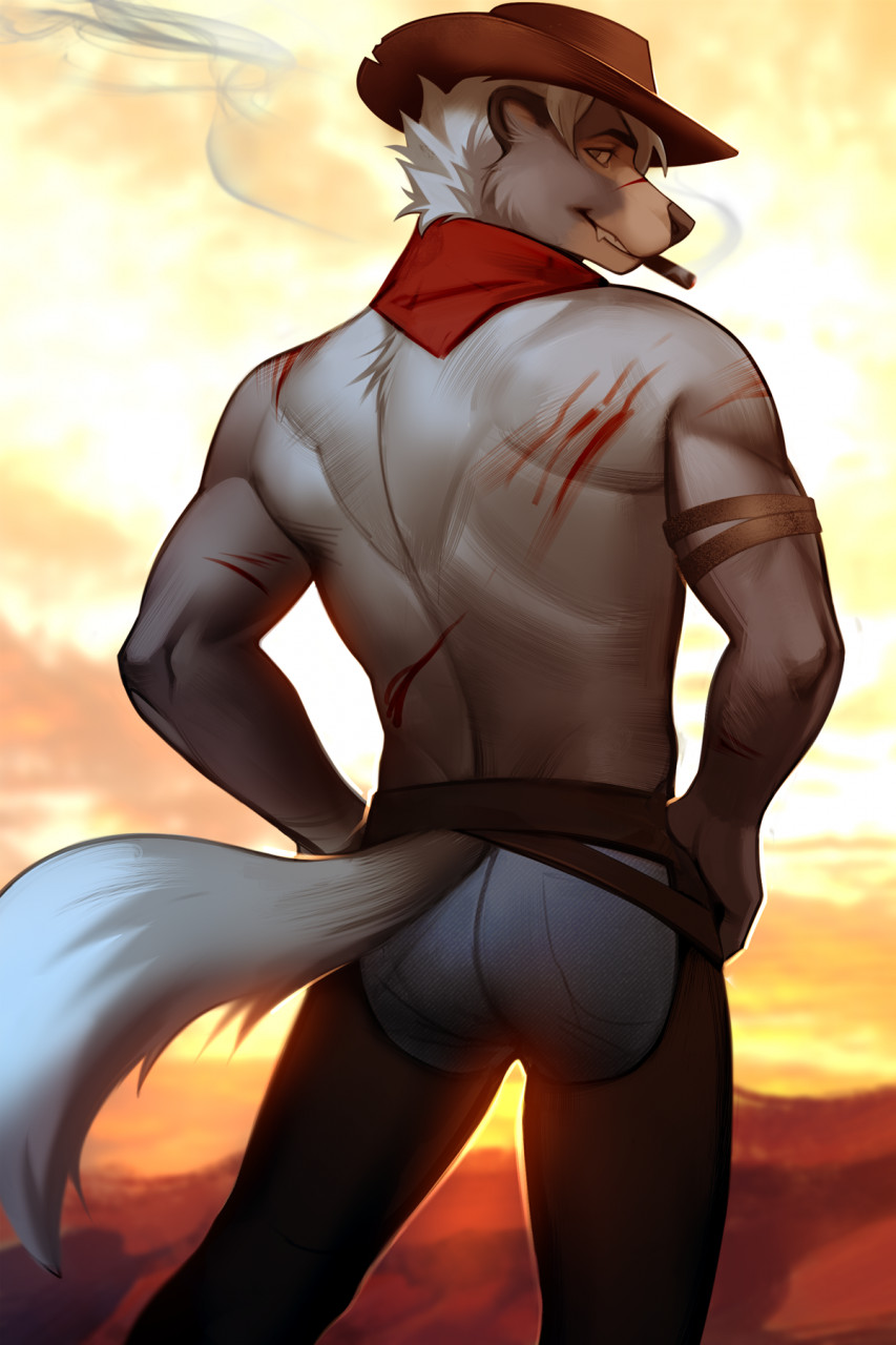 anthro athletic badger blood bodily_fluids bottomwear butt butt_pose chaps cigar clothed clothing cowboy cowboy_hat denim denim_clothing hat headgear headwear hi_res honey_badger jeans male mammal muscular muscular_anthro muscular_male mustelid musteline neckerchief pants pose rear_view s_gringo scar smoke solo thrack thrack66 topless western