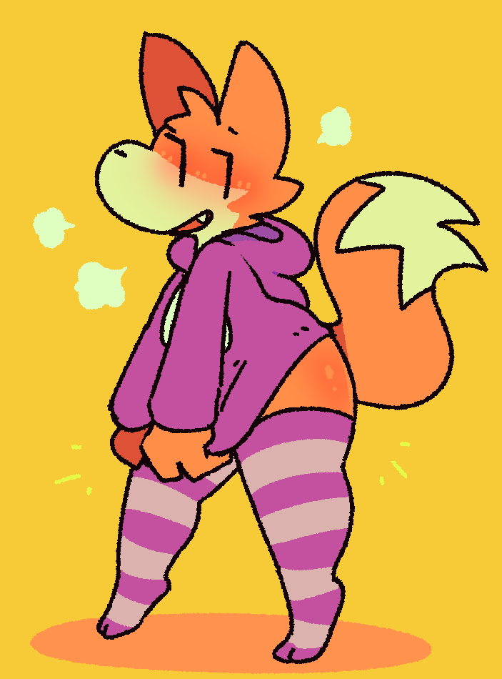 anthro blush butt canid canine clothing cute_fangs footwear fox fur hoodie legwear male mammal orange_background orange_body orange_fur simple_background socks solo squishy_(artist) teasing thigh_highs thigh_socks tobi_(squishy) topwear