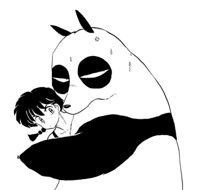 1996 anthro biped bodily_fluids duo feral genma_saotome giant_panda human male mammal monochrome official_art paws ranma_1/2 ranma_saotome rumiko_takahashi simple_background sweat ursid white_background