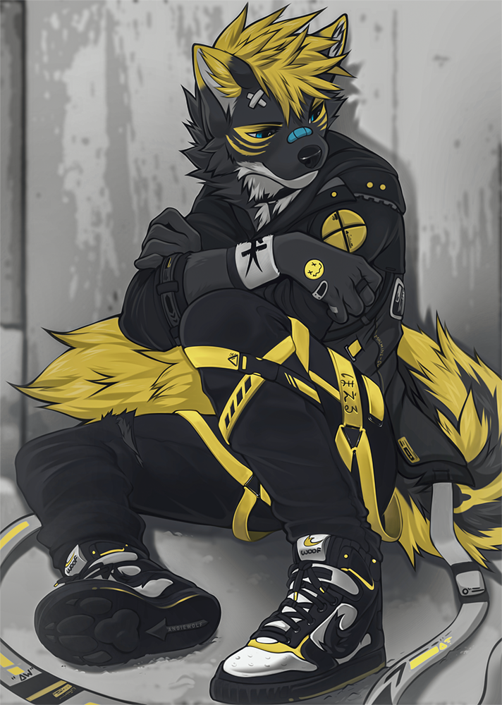 2021 angiewolf anthro bandage black_body black_bottomwear black_clothing black_fur black_pants blonde_highlights bottomwear canid canine clothing fox fur highlights_(coloring) jacket male mammal pants plantigrade ring sitting solo topwear wristband yellow_body yellow_fur