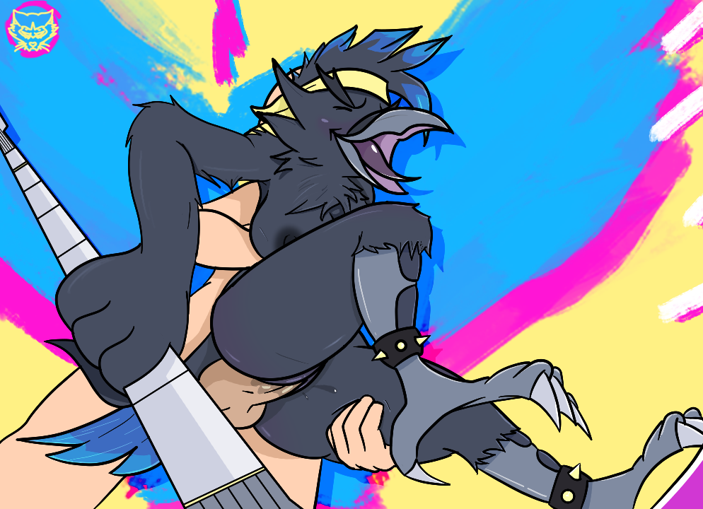 2021 abstract_background anklet anthro arm_under_breasts avian bandanna beak bird black_eyebrows blue_body blue_feathers blush bodily_fluids bottom_view brawlhalla breasts chest_tuft colored corvid corvus_(genus) digital_media_(artwork) duo european_mythology eyebrows eyes_closed feathers female firetails from_behind_position genital_fluids grey_beak grey_body grey_feathers guitar held_by_legs held_up human jewelry kerchief leg_grab legband male male/female mammal melee_weapon mohawk multicolored_body multicolored_feathers munin_(brawlhalla) muninn_(mythology) musical_instrument mythology norse_mythology open_mouth oscine passerine penetration plucked_string_instrument polearm punk pussy_juice raven rockstar scythe sex shaded spiked_legband spikes string_instrument tail_feathers talons thick_eyebrows tuft two_tone_body two_tone_feathers vaginal vaginal_penetration video_games weapon