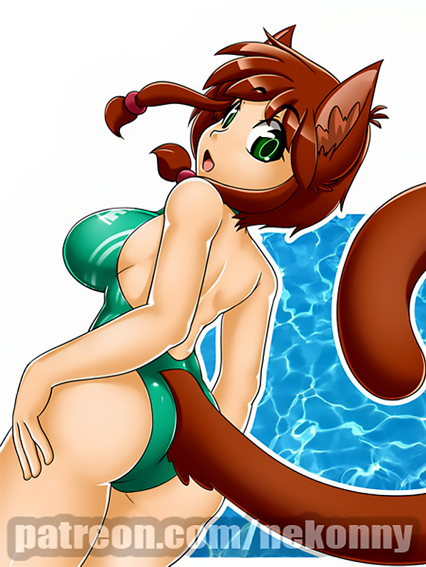 accessory animal_humanoid big_breasts big_tail breasts brown_body brown_fur brown_hair butt cat_humanoid clothing felid felid_humanoid feline feline_humanoid felis female fur glistening glistening_body green_eyes hair hair_accessory hand_on_butt humanoid looking_at_viewer looking_back mammal mammal_humanoid nekonny one-piece_swimsuit open-back_swimsuit open_mouth raised_tail rear_view sammy_(imew) solo swimwear transformation water watermark