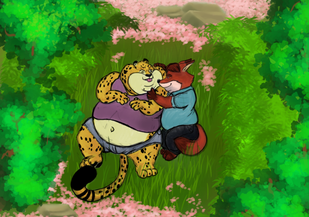 2016 anthro belly benjamin_clawhauser bottomwear canid canine cheetah clothing disney duo embrace felid feline fox gideon_grey hug lying male male/male mammal navel outside overweight overweight_male pants shirt shorts tagg_91 tongue tongue_out topwear yellow_body zootopia