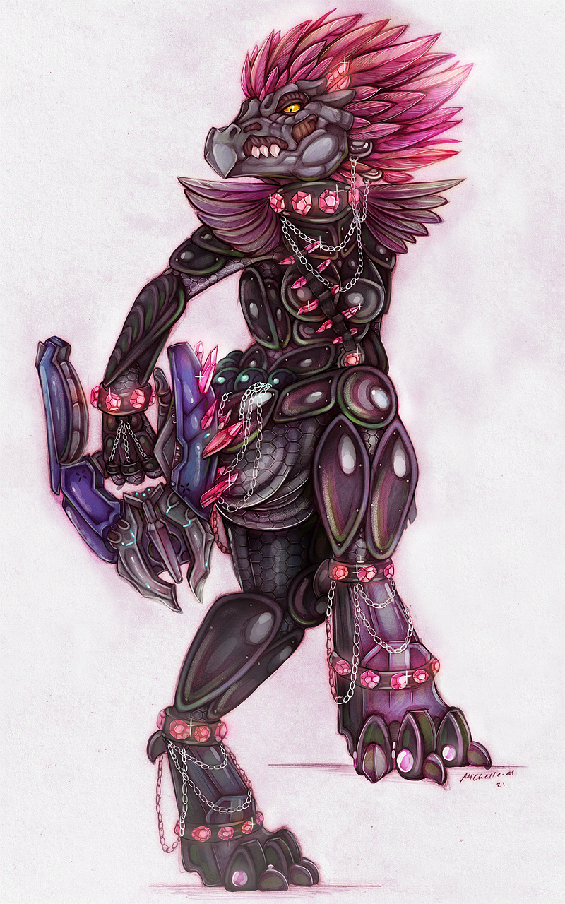 10:16 2021 alien anthro armor avian beak breasts chain chain_necklace claws clothed clothing crystal cyberpunk feathers female footwear full-length_portrait fully_clothed gem halo_(series) harlotmonster hi_res holding_object holding_weapon jewelry kig-yar looking_at_viewer microsoft necklace needler pink_body pink_feathers portrait pupils ranged_weapon scalie simple_background slit_pupils solo t'vaoan teeth traditional_media_(artwork) video_games weapon xbox_game_studios yellow_eyes