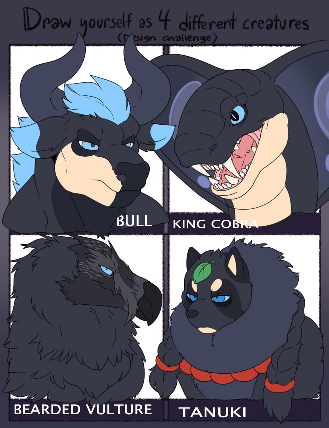 2021 accipitrid accipitriform alternate_species annoyed anthro avian beak bearded_vulture bird black_beak black_body black_ears black_face black_feathers black_fur black_horn black_nose black_scales blue_ears blue_eyes blue_mane blue_markings blue_pseudo_hair bovid bovine canid canine cattle cheek_tuft closed_frown closed_smile cobra colored digital_drawing_(artwork) digital_media_(artwork) dipstick_ears elapid_(snake) english_text facial_markings facial_tuft fan_character fangs feathers flat_colors fur half-closed_eyes head_markings head_tuft heyimteedo hi_res horn king_cobra leaf looking_forward male mammal mane manly markings membrane_(anatomy) multicolored_body multicolored_ears multicolored_scales muscular muscular_anthro muscular_male narrowed_eyes neck_tuft old_world_vulture open_mouth pink_membrane pink_tongue pseudo_hair raccoon_dog reptile scales scalie sharp_teeth snake tan_body tan_face tan_markings tan_scales tanuki teeth text tongue tuft two_tone_body two_tone_ears two_tone_face two_tone_scales vonnes_(heyimteedo) vulture