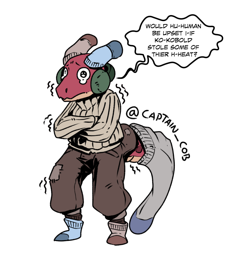 accessory ambiguous_gender anthro bodily_fluids bottomwear captaincob clothed clothing cold crossed_arms dialogue earmuffs english_text footwear front_view frown fully_clothed furgonomics horn hunched_over kobold multicolored_body multicolored_scales pale_scales pants red_body red_scales reptile scales scalie shaking shivering signature simple_background socks solo speech_bubble standing sweater tail_accessory tail_clothing tears text thick_tail three-quarter_view topwear two_tone_body two_tone_scales wavy_speech_bubble