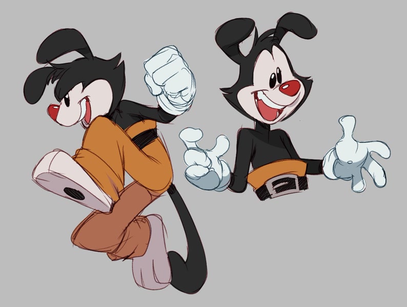 animaniacs anthro belt black_eyes bottomwear clothed clothing gloves grin handwear happy inkblot jumping male pants partially_clothed red_nose sketch smile solo unknown_artist warner_brothers yakko_warner