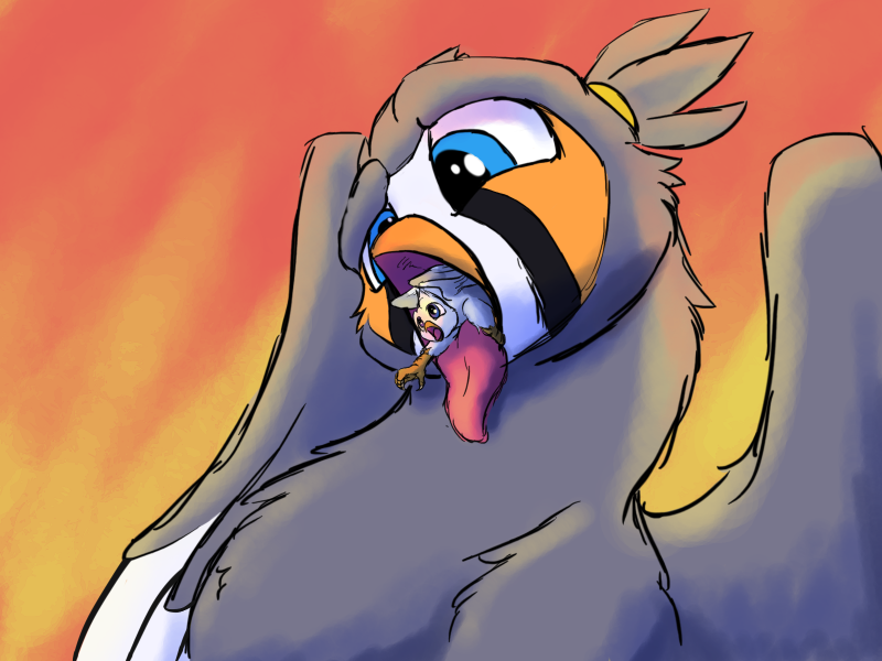 4:3 accessory avian der duo feral feral_pred feral_prey grey_body gryphon gyrotech hair_accessory hair_tie larger_pred male male_pred male_prey micro mythological_avian mythology oral_vore ruzzy silent_e size_difference tongue tongue_out vore zebra_finch