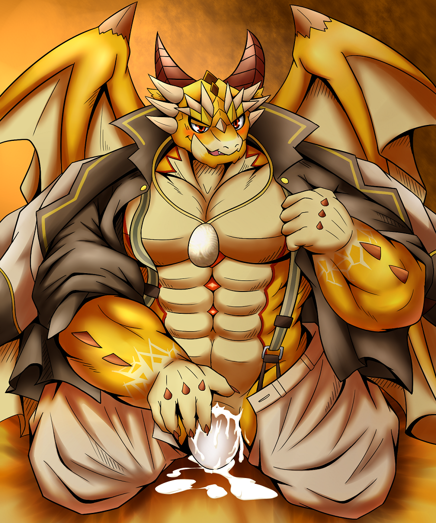 5:6 abs animal_genitalia anthro big_muscles big_pecs blush bodily_fluids bottomwear chocobo_(pixiv) cloaca clothed clothing cum cum_in_cloaca cum_inside dragon egg_in_slit egg_insertion genital_fluids genitals horn jewelry lifewonders male muscular muscular_anthro muscular_male necklace open_clothing open_shirt open_topwear ophion pants pecs red_eyes scalie shirt solo tokyo_afterschool_summoners topwear video_games wings yellow_body