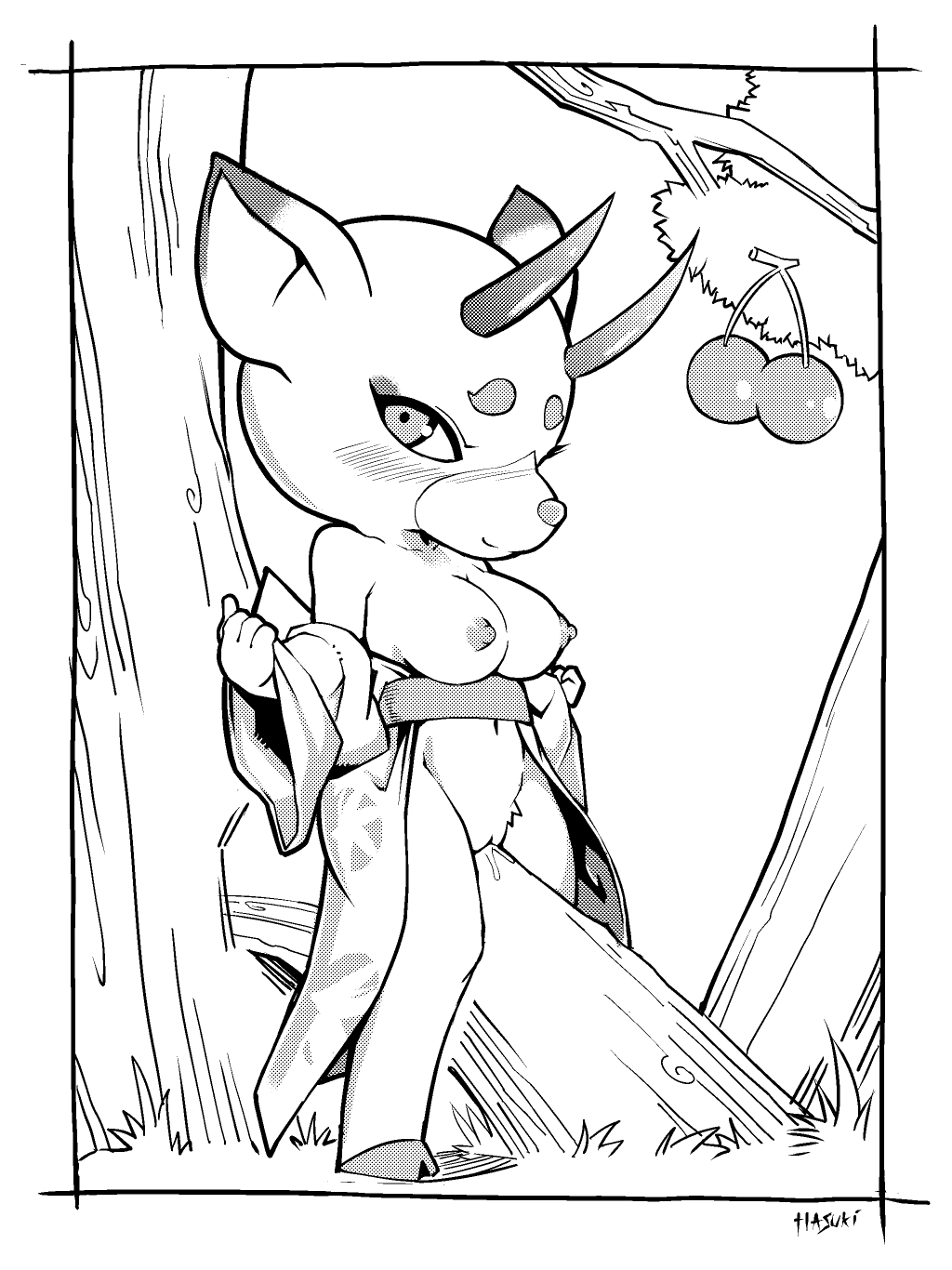 animal_crossing anthro asian_clothing breasts cervid clothed clothing digital_media_(artwork) dripping east_asian_clothing female hasuki hi_res japanese_clothing kimono mammal masturbation monochrome nintendo outside partially_clothed plant screentone shino shino_(animal_crossing) solo tree video_games wet