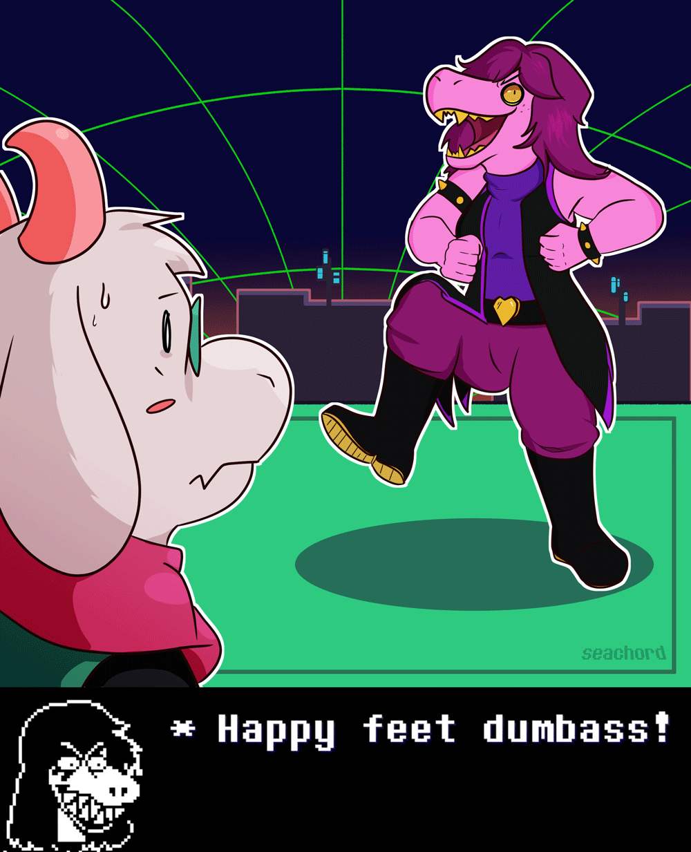 animated anthro blush boots bovid caprine clothing concerned dancing deltarune duo female footwear goat hi_res humor long_ears male mammal open_mouth pink_body ralsei reptile scalie seachord sharp_teeth short_playtime smile susie_(deltarune) teeth undertale_(series) video_games white_body