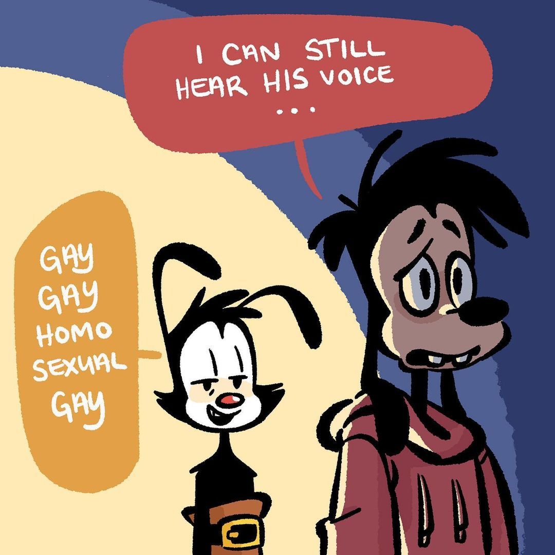 1:1 animaniacs anthro belt black_eyes black_nose bottomwear canid canine canis clothed clothing disney domestic_dog duo english_text goof_troop half-closed_eyes humor i_can_still_hear_his_voice inkblot male male/male mammal max_goof meme narrowed_eyes pants partially_clothed pickle_raye red_nose standing sweater text topwear warner_brothers yakko_warner