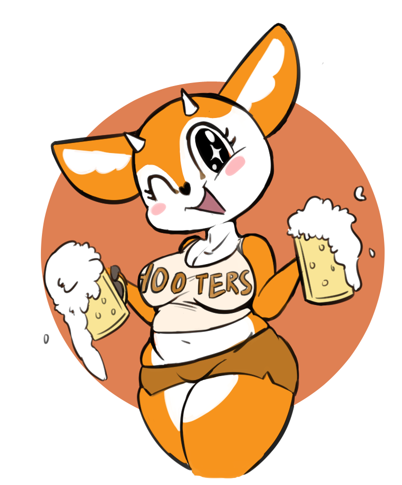 2021 aggressive_retsuko alcohol antelope anthro beer beverage bottomwear bovid breasts cleavage clothed clothing crop_top female happy holding_beverage holding_object hooters hooters_uniform horn hotpants mammal midriff one_eye_closed open_mouth open_smile portrait sanrio shirt shorts smile solo three-quarter_portrait topwear tsunoda vono wink