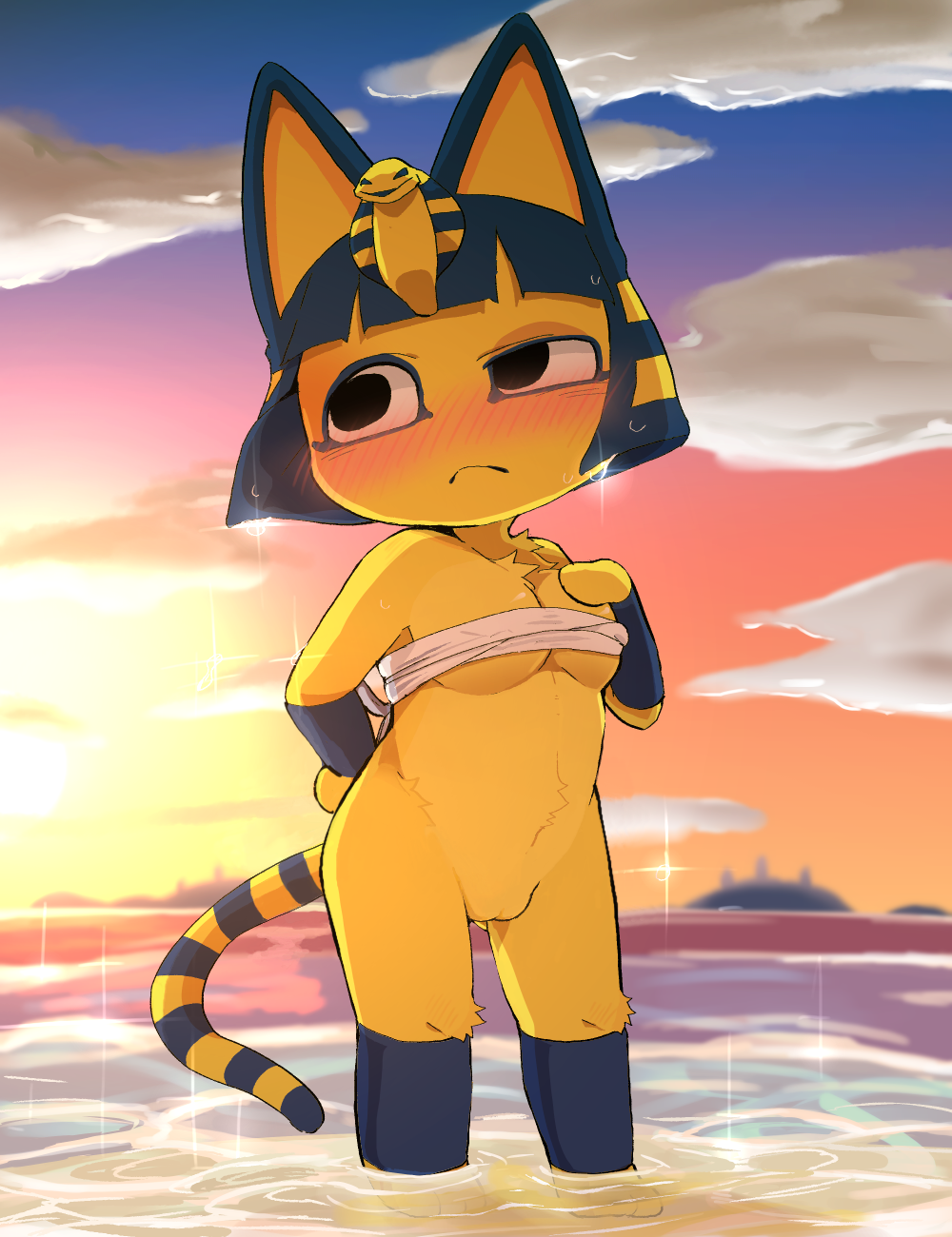 animal_crossing ankha_(animal_crossing) anthro blush bottomless breasts clothed clothing dagasi detailed_background domestic_cat edit felid feline felis female fur genitals hi_res looking_away mammal nintendo pussy solo under_boob video_games water yellow_body yellow_fur