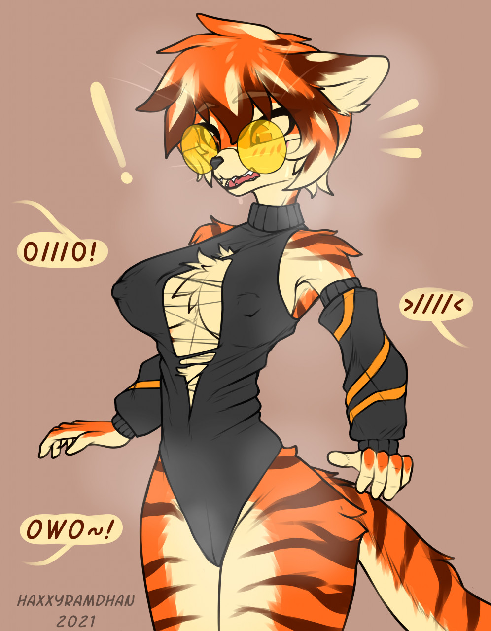 ! 2021 amber_eyes anthro arknights armwear black_body black_nose chest_tuft clothed clothing eyewear felid female fur glasses hair haxxyramdhan hi_res hypergryph mammal multicolored_body multicolored_fur multicolored_hair nipple_outline open_mouth orange_body orange_fur orange_hair owo pantherine short_hair solo speech_bubble steam studio_montagne tiger torn_clothing tuft unseen_character video_games waaifu_(arknights) wardrobe_malfunction white_body white_fur white_hair