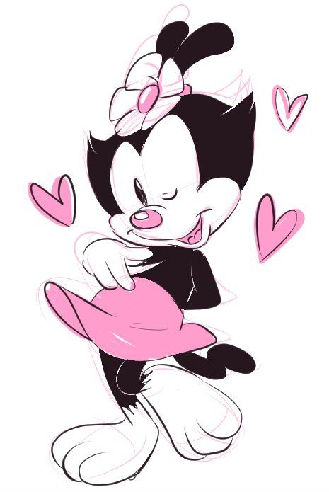 &lt;3 accessory animaniacs anthro black_eyes bottomwear clothed clothing dot_warner female flower flower_in_hair gloves hair hair_accessory handwear happy inkblot looking_at_viewer one_eye_closed partially_clothed pink_nose plant sketch skirt smile solo standing unknown_artist warner_brothers wink