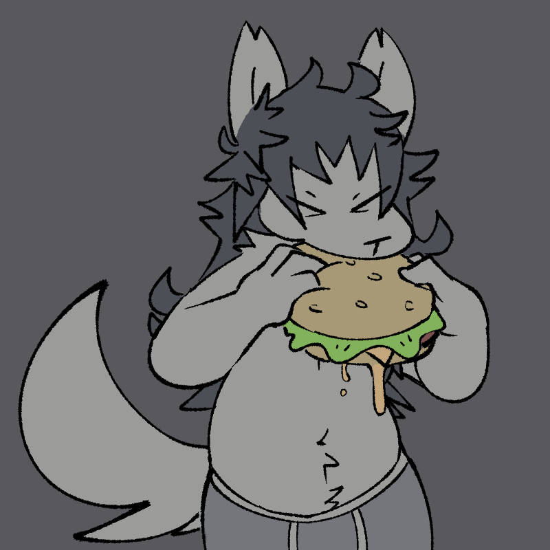 1:1 anthro burger canid canine chest_tuft chipped_ear clothed clothing eating eyes_closed food fox hair male mammal messy_hair sog_(squishy) solo squishy_(artist) tail_tuft topless tuft underwear underwear_only