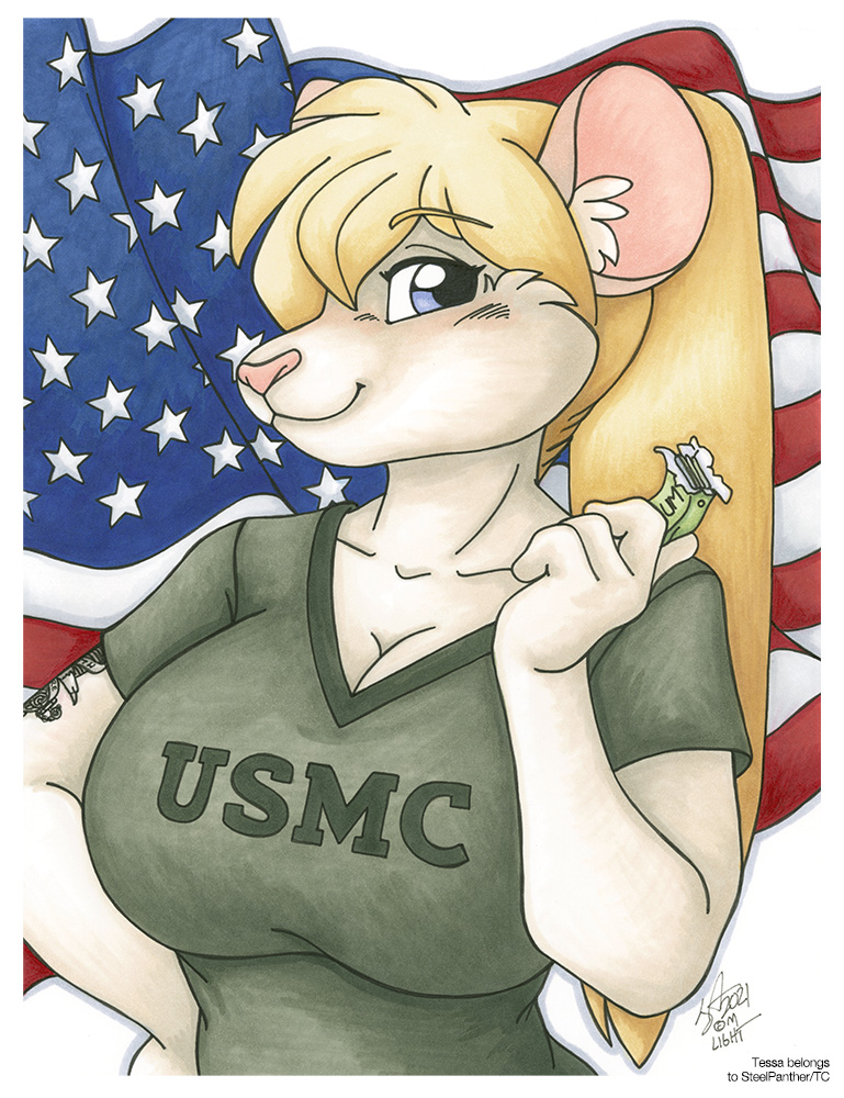 2021 anthro big_breasts blonde_hair blue_eyes breasts cleavage clothed clothing english_text female fur hair mammal michele_light mouse murid murine pink_nose rodent solo stars_and_stripes tattoo tessa_(steel_panther) text united_states_of_america white_body white_fur