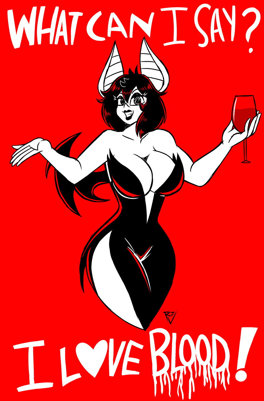 anthro bat_wings beverage blood bodily_fluids breasts chiropteran clothing container cup dress drinking_glass english_text female glass glass_container glass_cup hair hi_res mammal membrane_(anatomy) membranous_wings noncomposmentisstuff smile solo text wine_glass wings