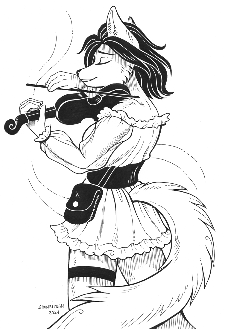 2021 5_fingers anthro black_and_white bowed_string_instrument canid canine clothed clothing dress eyes_closed female fingers fur hair humanoid_hands mammal monochrome musical_instrument playing_music playing_violin pouch_(disambiguation) signature sketch smile snowsnow11 solo standing string_instrument violin