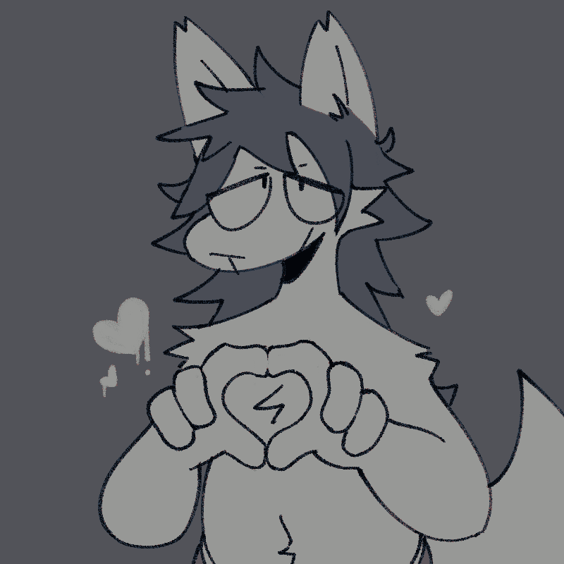 &lt;3 1:1 ambiguous_gender anthro belly_tuft canid canine chipped_ear clothed clothing fox gesture greyscale hair hand_heart mammal messy_hair monochrome shoulder_tuft sog_(squishy) solo squishy_(artist) topless tuft