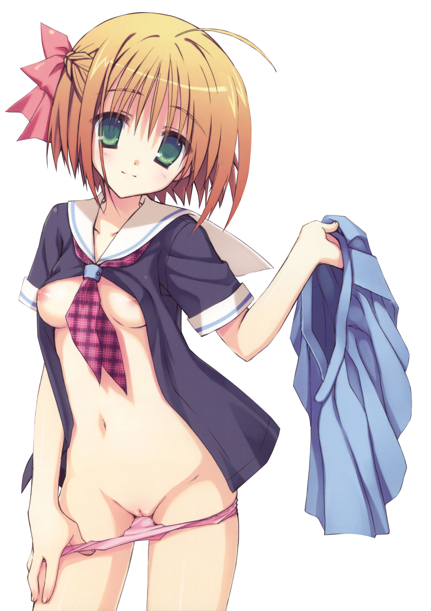 ahoge blouse blush bow breasts copyright_request gradient_hair green_eyes hair_bow highres holding_skirt multicolored_hair muririn no_bra no_pants open_clothes open_shirt orange_hair panties panty_pull pink_panties pussy school_uniform serafuku shirt short_hair skirt skirt_removed small_breasts smile solo standing transparent_background underwear undressing