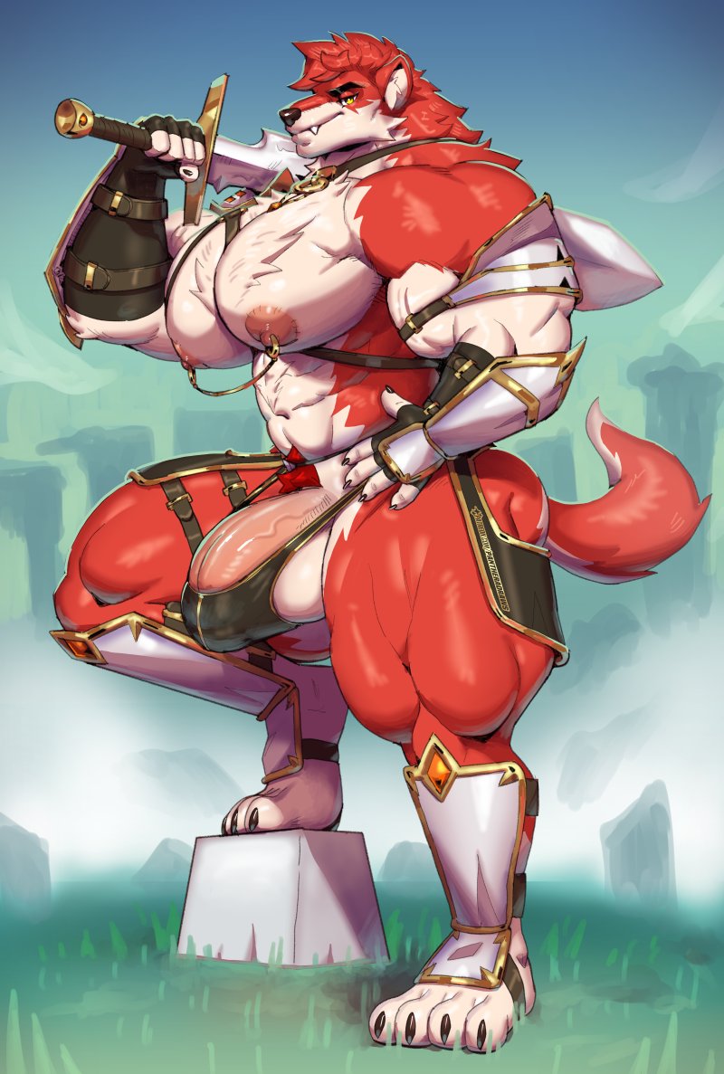 anthro armor balls barely_contained barely_contained_balls barely_contained_penis big_balls big_pecs big_penis canid canine canis clothing fur genitals hair holding_object holding_sword holding_weapon looking_at_viewer male mammal melee_weapon multicolored_body multicolored_fur muscular muscular_anthro muscular_male muscular_thighs nipple_chain nipple_piercing nipples pantheradraws pecs penis piercing red_body red_fur red_hair ren_(daikitei) solo sword two_tone_body two_tone_fur unconvincing_armor underwear vein veiny_penis weapon white_body white_fur wolf