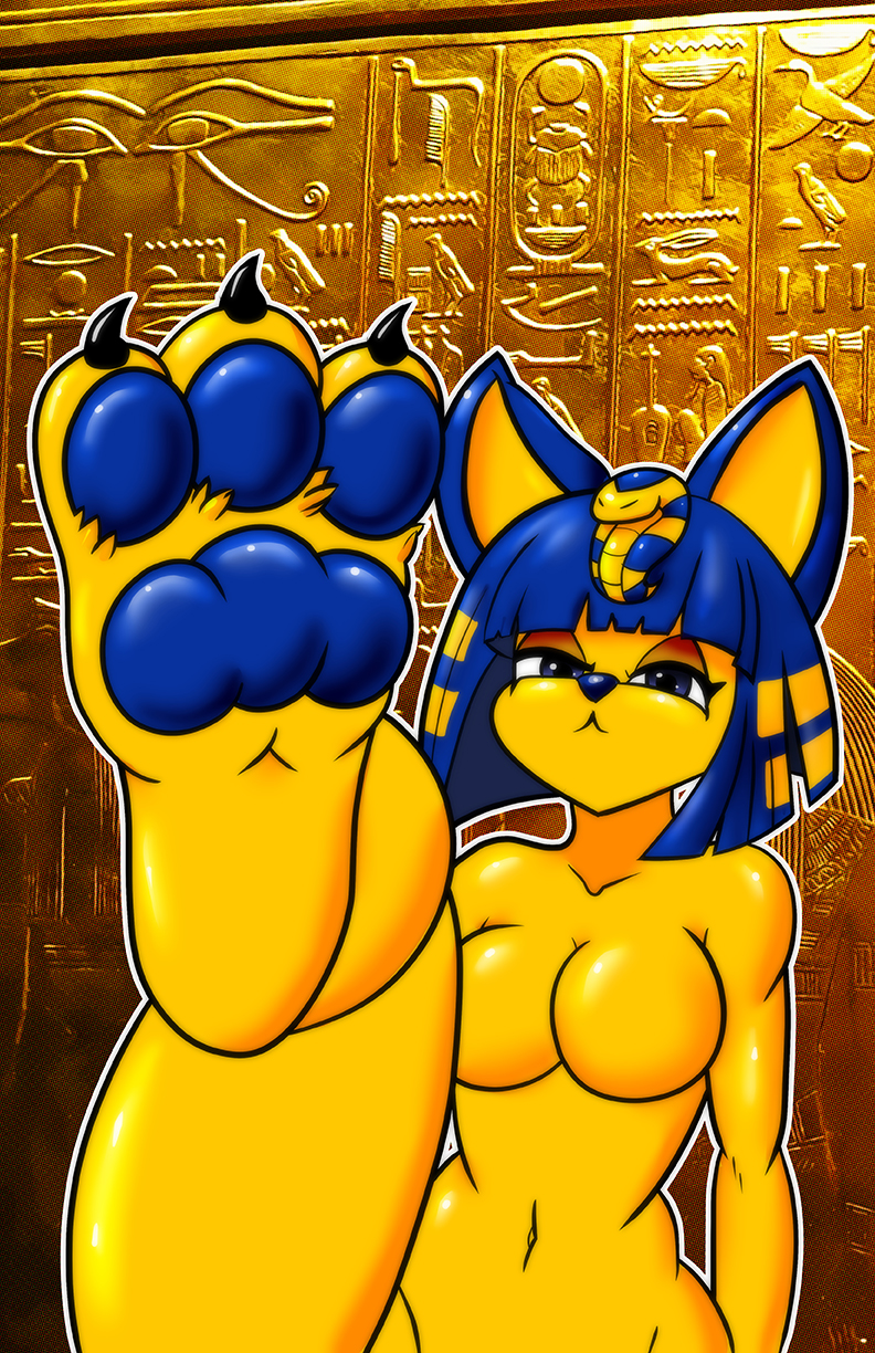 animal_crossing ankha_(animal_crossing) anthro blue_hair cat_ear clothing domestic_cat egyptian egyptian_cat egyptian_clothing egyptian_headdress egyptian_mythology feet felid feline felis female foot_focus fur hair hi_res makeup mammal middle_eastern_mythology mythology myxi nintendo pawpads raised_leg reptile scalie snake snake_hood solo toes video_games yellow_body yellow_fur