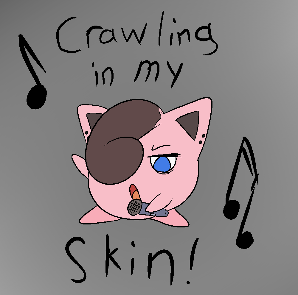 angry_eyes blue_eyes dark_hair dyed-hair ear_piercing emo female feral goth grey_background happy_harvey jigglypuff microphone musical_note nintendo open_mouth phone_drawing piercing pink_body pok&eacute;mon pok&eacute;mon_(species) simple_background singing solo standing video_games