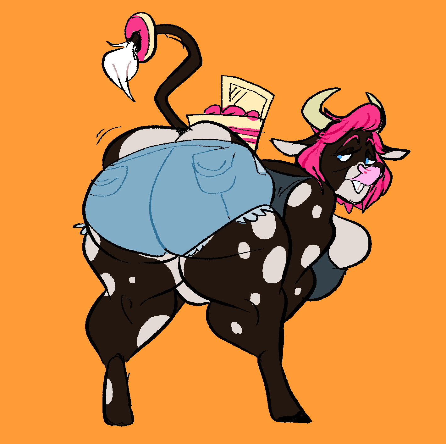 2021 anthro back_boob bent_over big_butt blue_eyes bovid bovine breasts brown_body butt cake cattle cleavage cleavage_overflow clothed clothing dessert digital_media_(artwork) female food hair hi_res horn looking_back mammal motion_lines orange_background overweight overweight_female pink_hair presenting presenting_hindquarters ryarik shaking_butt simple_background smaller_version_at_source solo spots thick_thighs white_spots